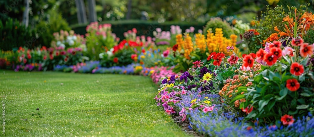 Poster The park has flower beds with various flowering plants and shrubs. Landscaping. with copy space image. Place for adding text or design