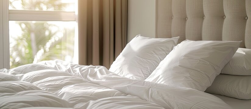Hotel room with freshly made king sized bed with headboard, perfectly clean and ironed sheets, puffy pillows in natural sun light. Kingsize bed in a furniture showroom. Close up, copy space for text.