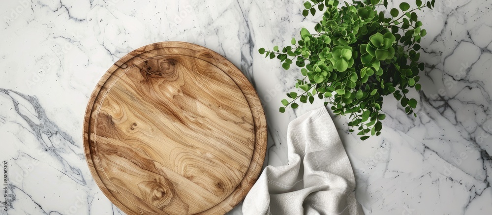 Leinwandbilder wood cutting board with linen napkin and plant on marble table with copy space, top view. copy space
