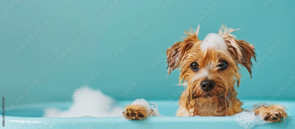 Poster puppy dog is groomed in the tub. pet grooming concept. copy space image. place for adding text or de