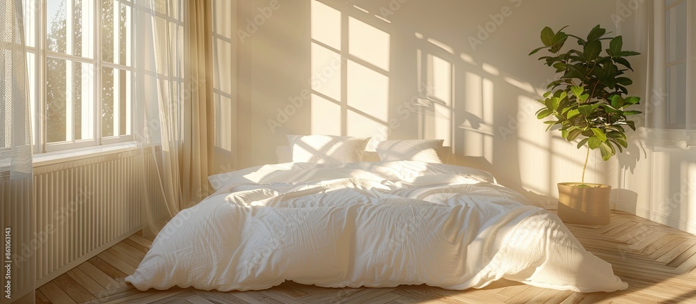 Poster the white bed is in the sun-warmed bedroom in the morning. with copy space image. place for adding t