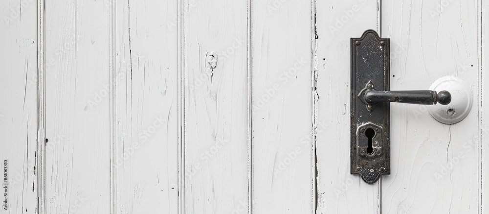 Poster steel door handle and lock on white wooden door. with copy space image. place for adding text or des