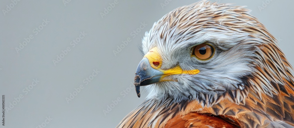 Poster red kite head closeup (milvus milvus) pastel background. with copy space image. place for adding tex