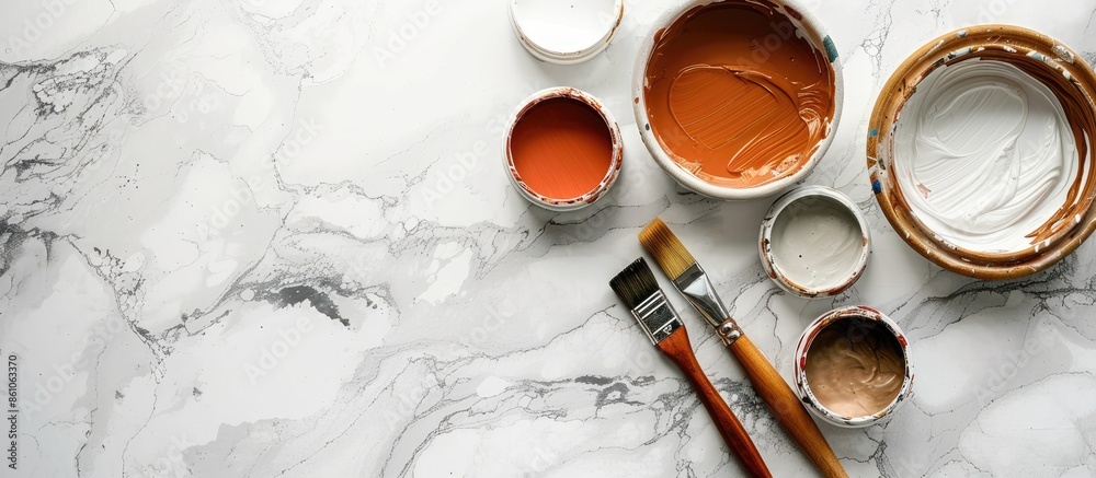 Aufkleber painter's tools.painting tools and white marble background. with copy space image. place for adding 