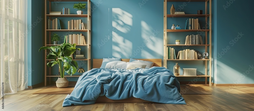 Poster front view bedroom with blue blankets, bookshelf and parquet. nobody inside. with copy space image. 