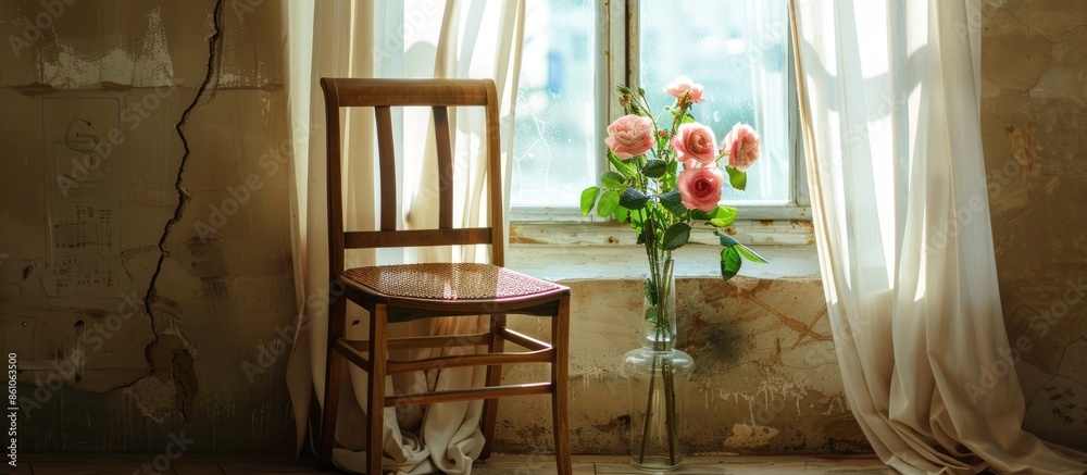 Aufkleber wooden chair by window and pink rose floral arrangement. with copy space image. place for adding tex