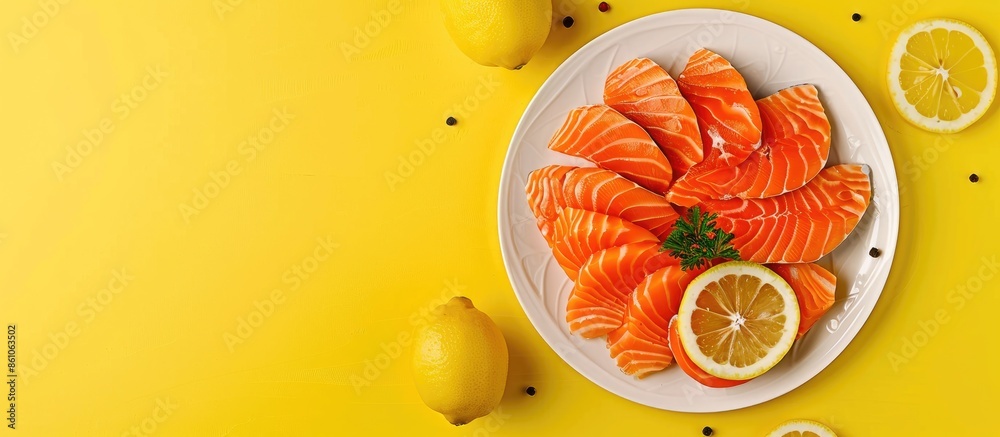 Fototapete sliced salmon pieces served with lemon and vegetables pastel background. with copy space image. plac