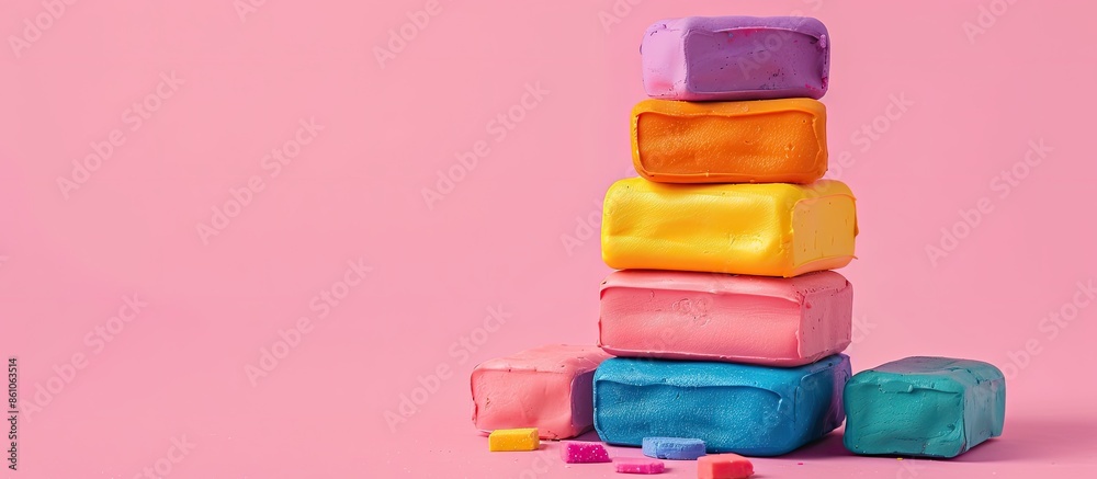 Aufkleber Pile of colored plasticine bricks. Isolated on pastel background with clipping path. with copy space image. Place for adding text or design