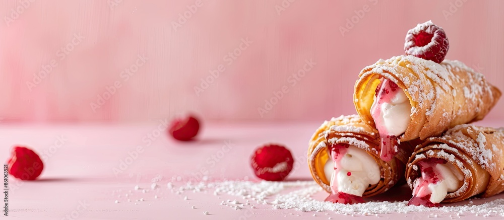 Fototapete Sicily  Empty cannolo, typical sweetie from Sicily pastel background. with copy space image. Place for adding text or design