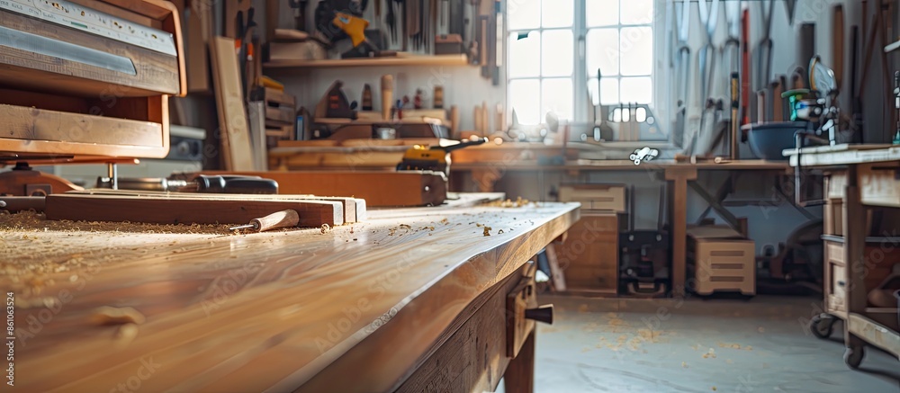 Poster carpenter workshop room background workbence table for wood work with electric screwdriver, saw, ham