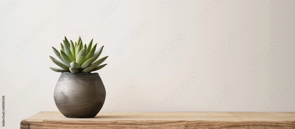 Poster metal vase with a succulent plant, white wall and wooden base. with copy space image. place for addi
