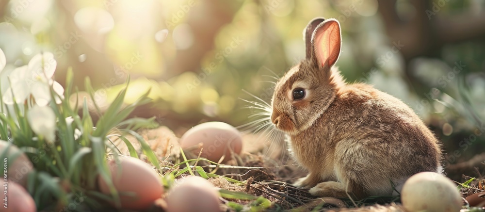 Poster brown bunny rabbit on retro background in spring day, simple and cozy life, text happy easter, eggs 