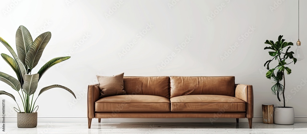 Poster interior of modern living room with stylish brown sofa. with copy space image. place for adding text