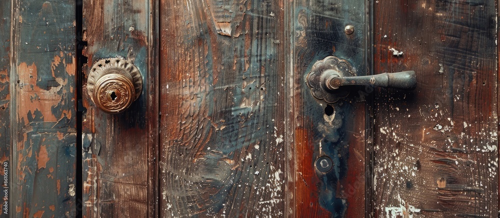 Poster old wooden entrance door with antique door handle. with copy space image. place for adding text or d