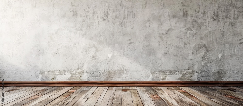 Wall mural Empty interior room with white cement wall texture and brown wooden floor pattern. Concept interior vintage style. with copy space image. Place for adding text or design