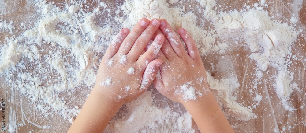 Poster Top view of the girl's hands on the background of a table with flour. Focus on the girl's hands. with copy space image. Place for adding text or design