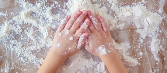 Fototapeta premium Top view of the girl's hands on the background of a table with flour. Focus on the girl's hands. with copy space image. Place for adding text or design