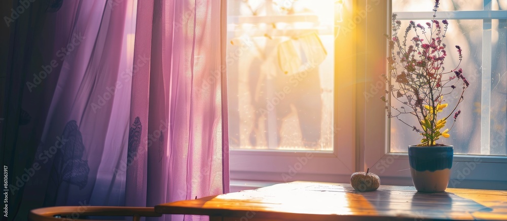Poster A wooden table is located by the window with purple curtains,The reading corner to look comfortable,The layout of table chairs by the window,Decorating the window with curtains. with copy space image