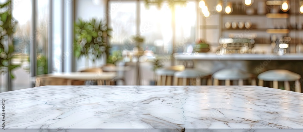 Poster marble table top with blurred kitchen cafe restaurant interior background. with copy space image. pl