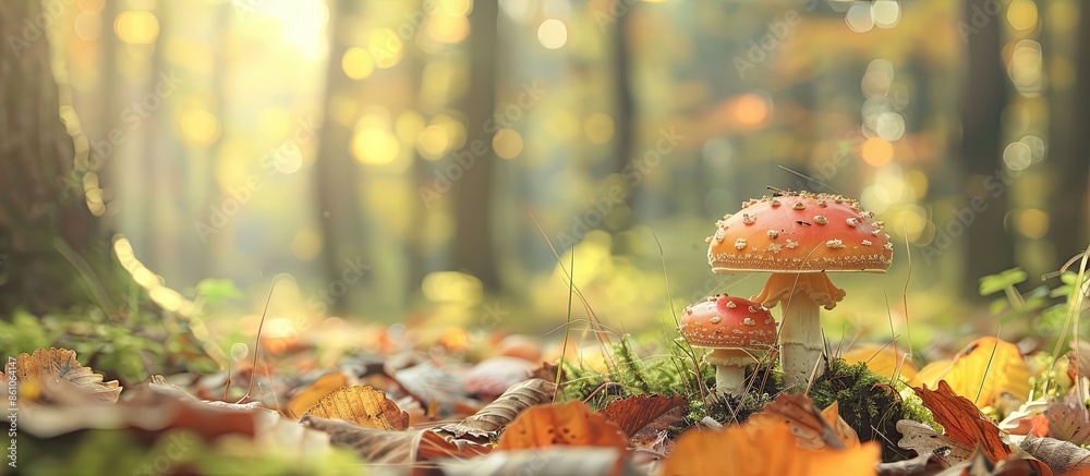 Poster mushroom growing in the forest broadleaf trees pastel background. with copy space image. place for a