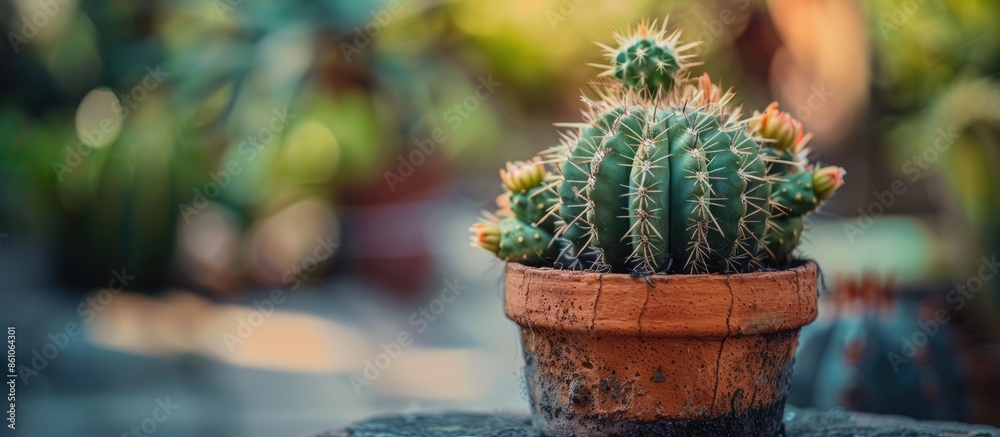 Leinwandbilder close-up green spiky potted cactus plant with selective focus. with copy space image. place for addi