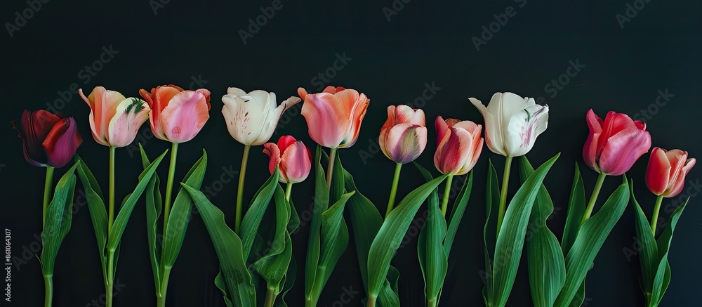 Fototapete flowers isolated on black. group of tulips on a pastel background. with copy space image. place for 
