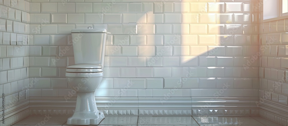 Poster white ceramic toilet placed at white tiled wall with decorative in light stylish bathroom with glowi