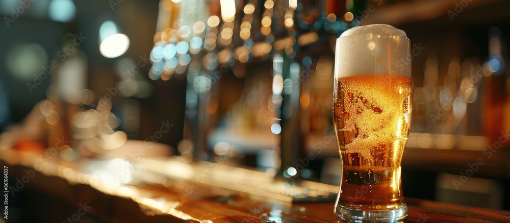 Poster beer pouring into glass in a bar. Copy space image. Place for adding text or design