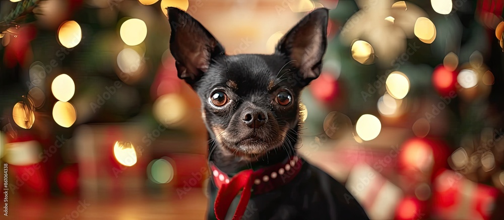 Poster black chihuahua dog in christmas interior. with copy space image. place for adding text or design