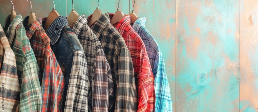 Poster variety of men's different sleeved plaid cotton on a wooden hanger pastel background. with copy spac