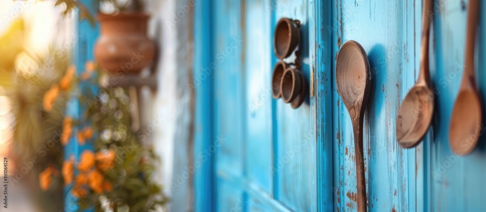 Poster blurred background of home with blue doors and spoons of wood . with copy space image. Place for adding text or design
