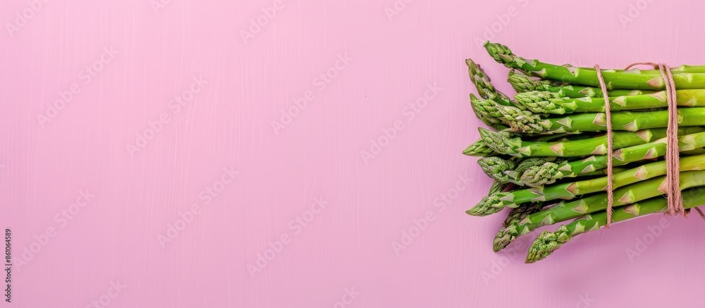 Poster bundle of green asparagus spears isolated on pastel background. with copy space image. place for add