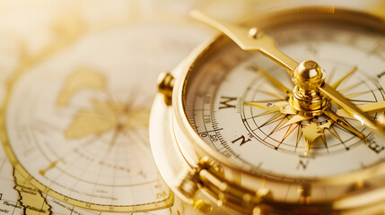 Retro styled golden compass sundial and old white nautical chart closeup Vintage still life Sailing...