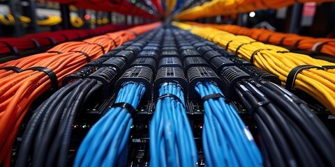 Obraz premium background of service provider server room data center network light electronic, 2:1, rack, hardware, tech, communication, equipment, electronic, business, cluster, modern, datacenter, hosting