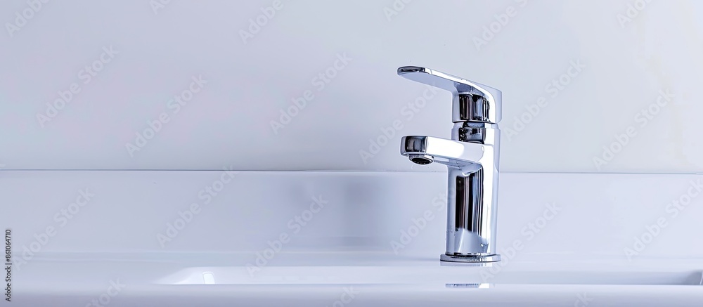 Poster Modern faucet close up on white background. with copy space image. Place for adding text or design