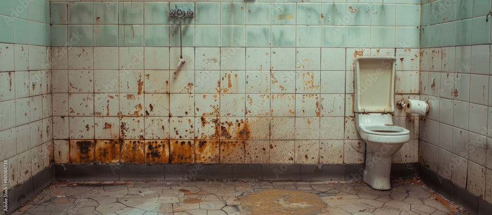 Aufkleber A dirty restroom with dirty dust and stain on the floor. with copy space image. Place for adding text or design