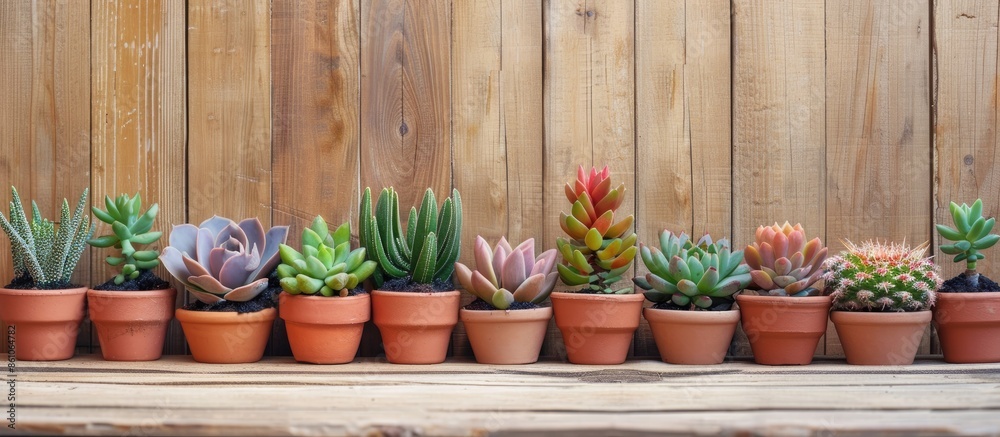 Poster collection of succulent plants in pots on wooden plank. with copy space image. place for adding text