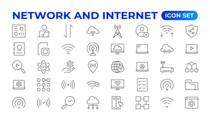 Set of Network and Internet outline icons. linear icon collection for online, computer, network, website, server, web design, hardware, software, and programming. Solid icons illustration collection.