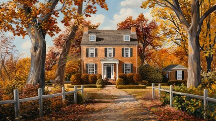 A painting of a house with a white fence and a driveway. The house is surrounded by trees and has a porch. The painting has a peaceful and serene mood