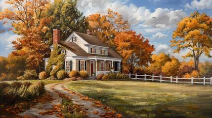 A painting of a house with a white fence and a driveway. The house is surrounded by trees and has a porch. The painting has a peaceful and serene mood