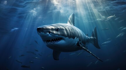 Naklejka premium A great white shark swims through a clear blue ocean, sunlight filtering through the water.