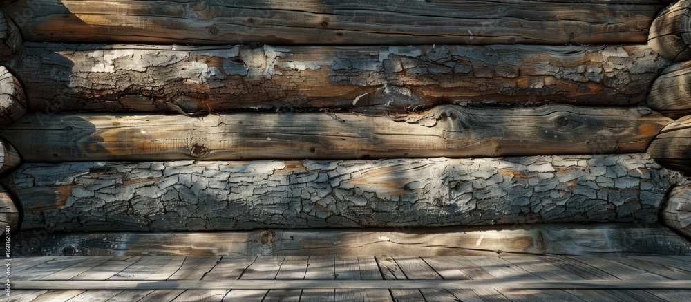 Poster wood logs wall of rural house perfect for background. with copy space image. place for adding text o