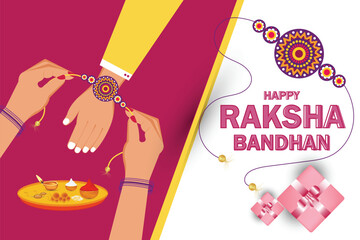 Brother and Sister tying Rakhi on Raksha Bandhan. Greeting card invitation design
