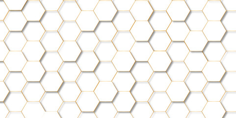 Abstract hexagon background Futuristic concept honeycomb mosaic white and golden background. Surface polygon pattern with glowing hexagon paper texture and futuristic business graphic design.