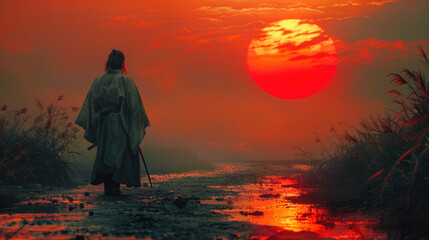 Fototapeta premium A samurai in the backdrop of the sunset, his katana gleaming with the last rays of daylight.