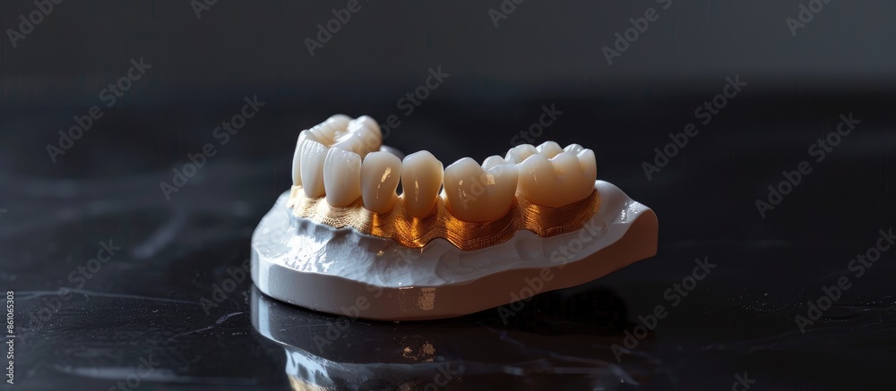 Poster unusual dental prosthesis of the upper jaw made of ceramic and titanium with two gold-plated teeth, 