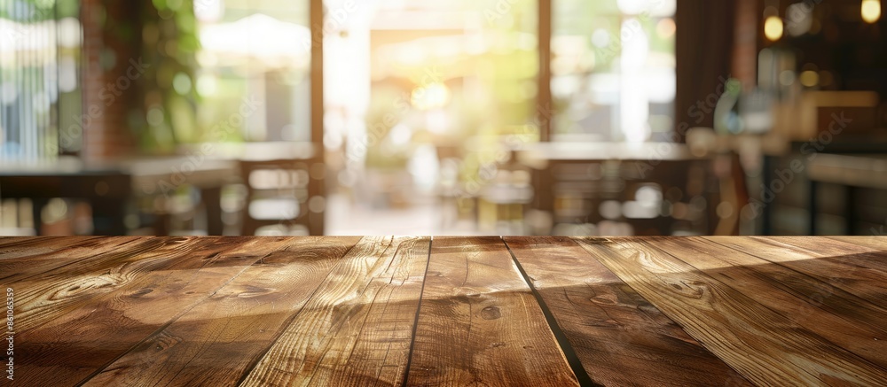 Poster Empty wooden table and blurred cafe interior background. with copy space image. Place for adding text or design