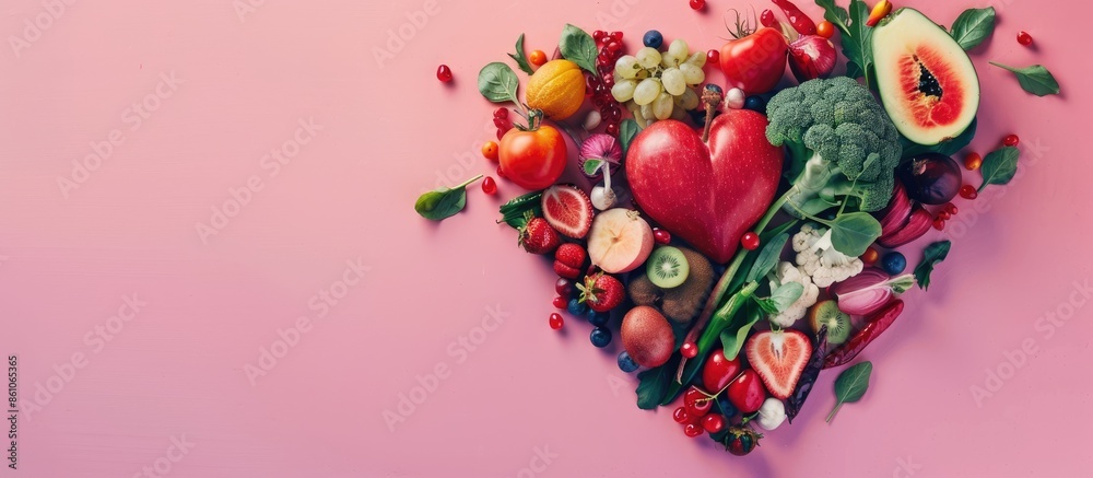 Poster heart shape by various vegetables and fruits. with copy space image. Place for adding text or design