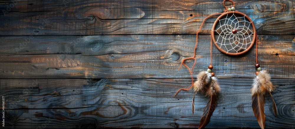 Poster dream catcher on wooden background. with copy space image. place for adding text or design