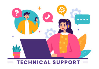 Vector Illustration of a Technical Support System featuring Software Development, Customer Service and Technology Help in a Flat Cartoon Background